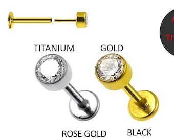 G23 Grade Titanium 16G Threadless Push Fit Labret With Round CZ Top- Push Fit Flat Back Studs-16 Gauge Stud - Price for One Piece