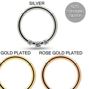 925 Sterling Silver Triple CZ stone Hinged Segment Clicker Ring-Nose Hoop/Septum Clicker/Cartilage Clicker- 16G -(Price for one piece)