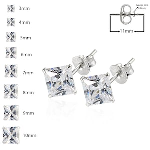 Square CZ Crystal Earrings- Gem Stud Earrings- Ear Piercing Studs- Sterling Silver Earrings (Multiple Sizes Available)