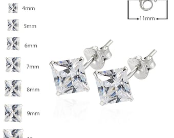 Square CZ Crystal Earrings- Gem Stud Earrings- Ear Piercing Studs- Sterling Silver Earrings (Multiple Sizes Available)