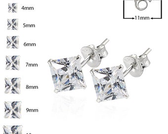 Square CZ Crystal Earrings- Gem Stud Earrings- Ear Piercing Studs- Sterling Silver Earrings (Multiple Sizes Available)