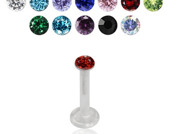 2mm Crystal Labret- BioFlex Labret with Push-Fit Sterling Silver Top- Cartilage Earring/ Lip Stud-  16 Gauge Stud