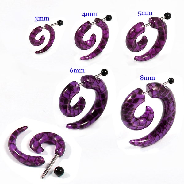 Fake Spiral Earrings-  Sold by piece - Black and Purple Scales Faux Ear Plugs- Acrylic Spiral Gauges- 16G Earrings .