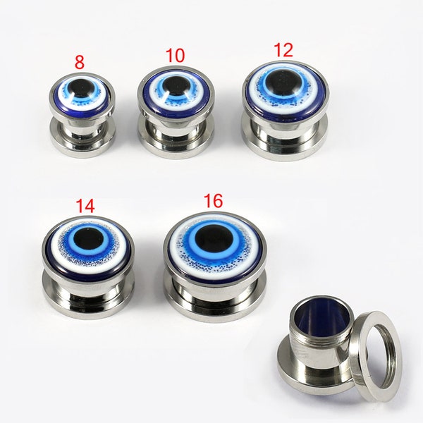 Glitter Plugs- Sold by piece - Blue Evil Eye Ear Plugs- Unique Gauges- Plugs and Tunnels- 8mm-16mm Sizes- Price for One Piece