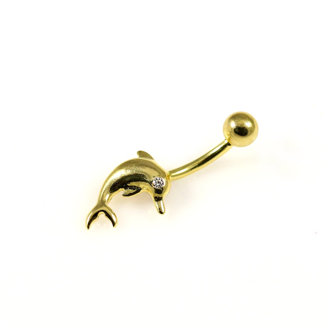 14K Gold Belly Ring Dolphin With Gemstone Jeweled Navel Piercing 14G