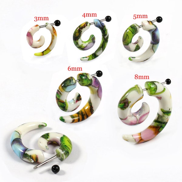 Fake Spiral Earrings- Price for one piece - Garden Flowers Faux Ear Plugs- Acrylic Spiral Gauges- 16G Earrings