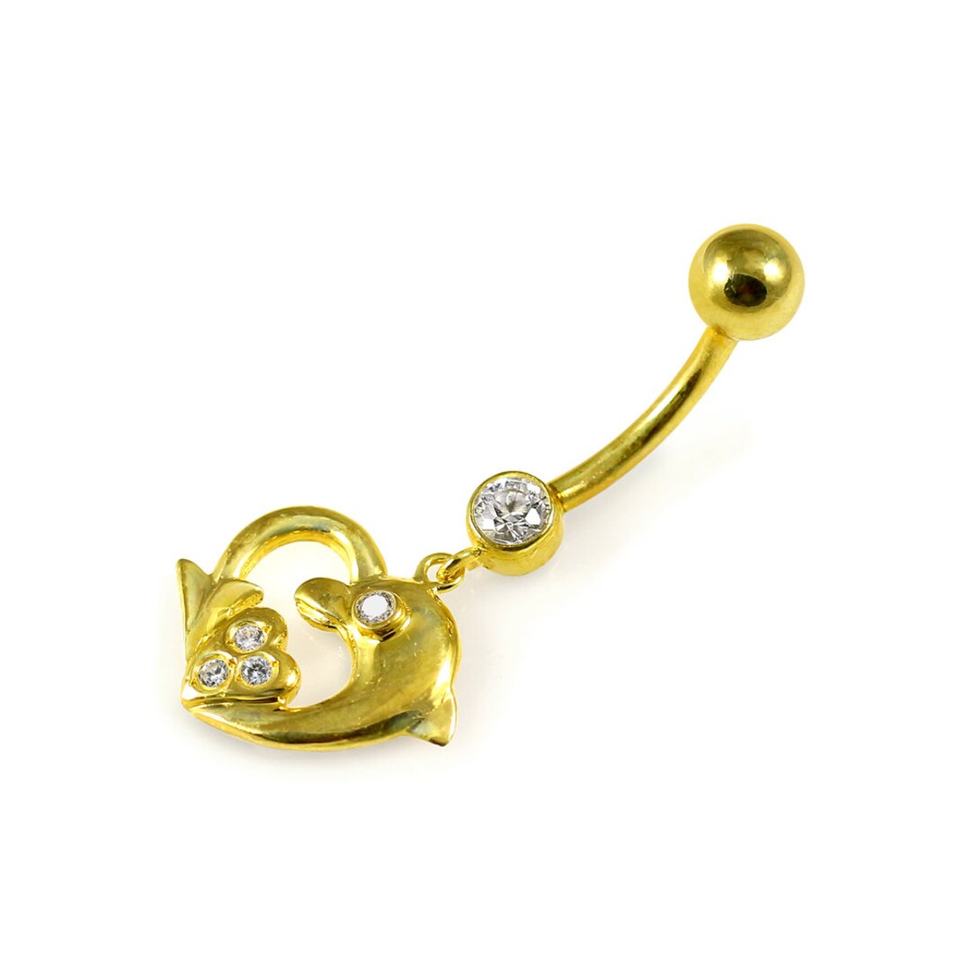 14K Gold Belly Ring Dolphin Heart Shaped Jeweled Dangling Navel