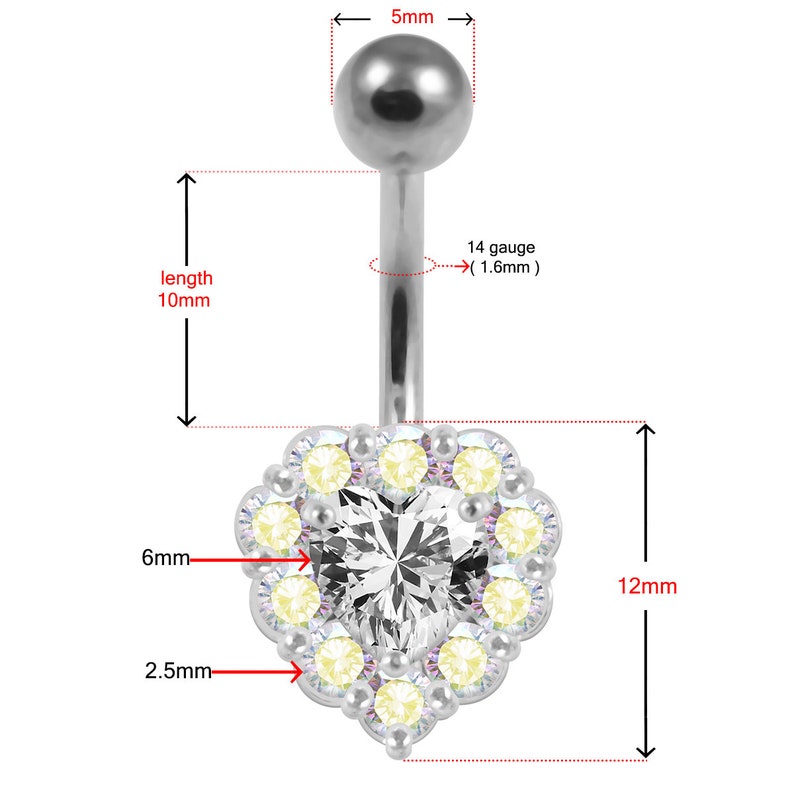 Multiple Colors Available Non-Moving Silver /& Steel Belly Button Rings Crystal Halo Heart Belly Ring 14G Navel Barbell