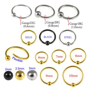 Surgical Steel Flexible BCR Piercing Jewelry - Anodized Captive Bead Ring - Ear Cartilage Hoop/ Eyebrow Ring- (Multiple Colors Available)