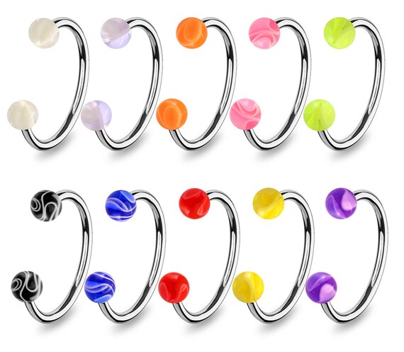 10 Pieces Pack of Steel Circular Barbell with UV Balls Piercing Eyebrow Ring/ Cartilage Earring-Horseshoe Barbell-16 Gauge