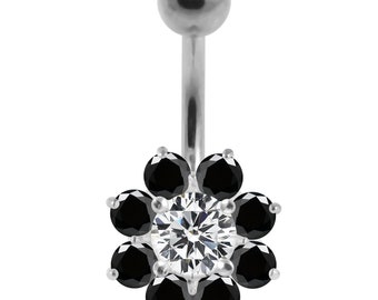 Crystal Flower Belly Ring- Non-Moving Silver & Steel Belly Button Rings- 14G Navel Barbell (Multiple Colors Available)