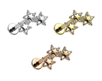 Triple Star Cartilage Earring- Helix Earring Stud/ Tragus Ring/ Conch Piercing Ring- Surgical Steel Barbell Earrings- 16 Gauge Earrings