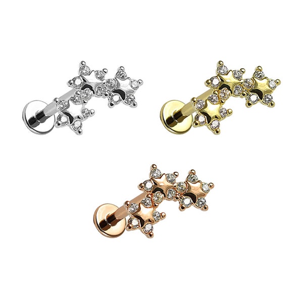 Triple Star Cartilage Earring- Helix Earring Stud/ Tragus Ring/ Conch Piercing Ring- Surgical Steel Barbell Earrings- 16 Gauge Earrings