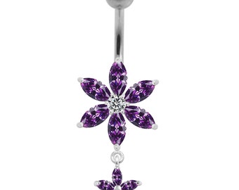 Dubbele CZ Flower Belly Ring- Dangle Belly Rings- Belly Button Rings- Staal en Sterling Zilver 14G Gebogen Barbell (11 kleuren beschikbaar)