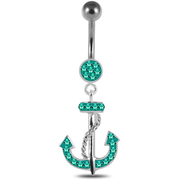 Gem Studded Anchor Belly Ring- Navel Ring Dangle- Silver & Steel Belly Button Rings- 14G Navel Barbell (Multiple Colors Available)