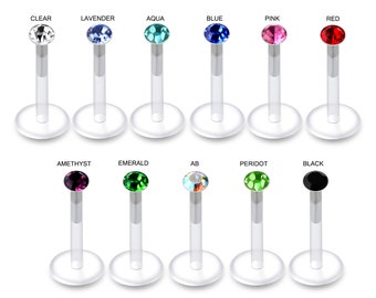 3mm Crystal Labret- BioFlex Labret with Push-Fit Sterling Silver Top- Cartilage Earring/ Lip Stud- 16 Gauge Stud
