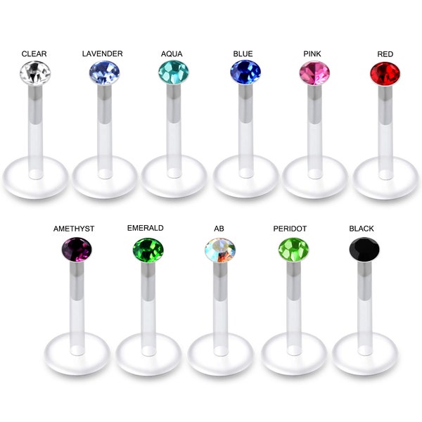 3mm Crystal Labret- BioFlex Labret with Push-Fit Sterling Silver Top- Cartilage Earring/ Lip Stud- 16 Gauge Stud