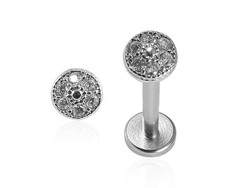 Crystal Studded Round Lip Stud/ Cartilage Earring- Tragus Ring, Helix Stud, Conch Piercing Stud- Surgical Steel Stud- 16 Gauge Earrings