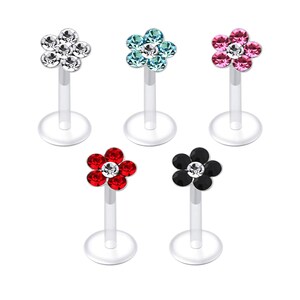 Gemstone Flower Labret- 10MM BioFlex Labret with Push-Fit Sterling Silver Top- Cartilage Earring/ Lip Stud- 16 Gauge Stud