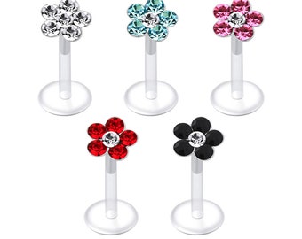 Gemstone Flower Labret- 10MM BioFlex Labret with Push-Fit Sterling Silver Top- Cartilage Earring/ Lip Stud- 16 Gauge Stud