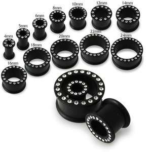 Black Silicone Flesh Tunnels- Sold by piece - Gem Studded Silicone Gauge - Tunnel Earrings- Plugs and Tunnels (Available In 4mm-24mm Sizes)