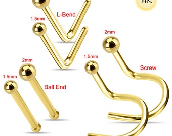 9K & 14K Gold Nose Stud- L Shaped/ Ball End/ Screw Nose Stud- Thin Nose Ring- 22G=0.6mm Gauge Nose Ring