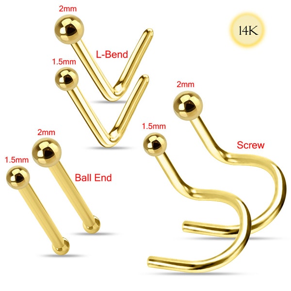 9K & 14K Gold Nose Stud- L Shaped/ Ball End/ Screw Nose Stud- Thin Nose Ring- 22G=0.6mm Gauge Nose Ring/ Screw type bar thickness 20G=0.8mm