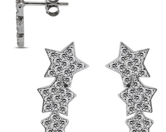 Triple Star Earrings- CZ Jeweled Earrings- Rhodium Plated Sterling Silver Earrings