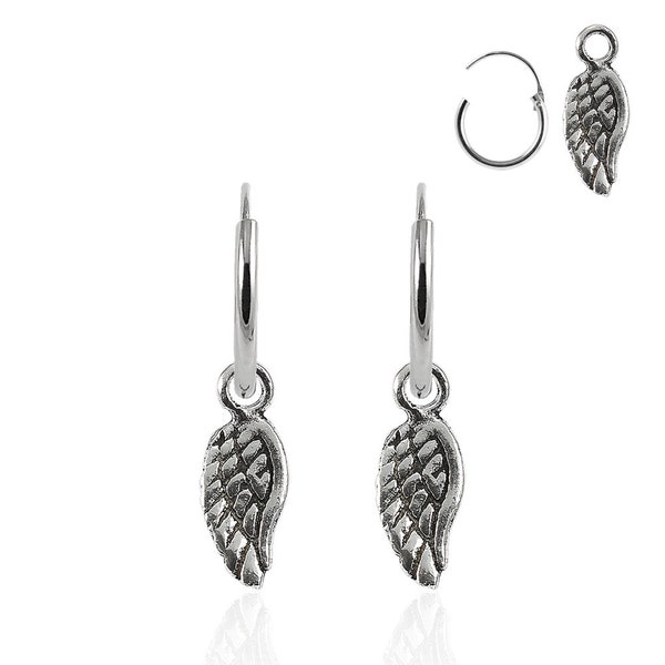 Hoop Earrings with Angel Wing Charm- Dangling Angel Wing Earrings- Hinged Earrings- Sterling Silver Earrings -Price for 1 Pair