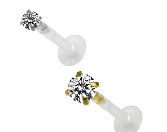 Round Gemstone Labret Push Fit- BioFlex Labret with Surgical Steel Top- Cartilage Earring/ Lip Labret- 16 Gauge Labret