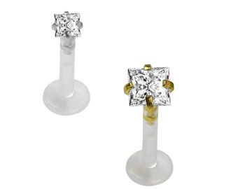 Square Gemstone Labret Push Fit- BioFlex Labret with Surgical Steel Top- Cartilage Earring/ Lip Labret- 16 Gauge Labret