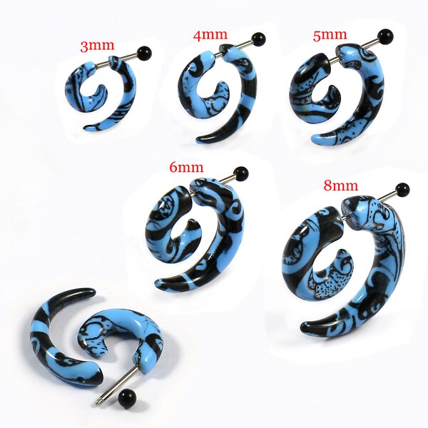 Fake Spiral Earrings-  Sold by piece - Black and Blue Tribal Faux Ear Plugs- Acrylic Spiral Gauges- 16G Earrings.