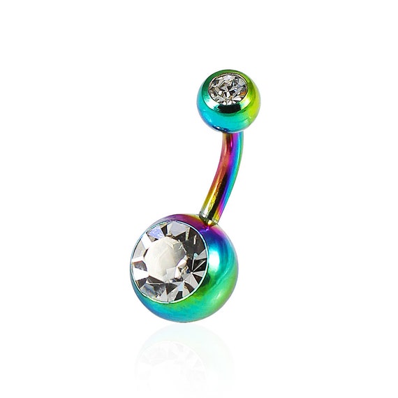 Rainbow Belly Ring 8mm Double Clear Crystal Belly Ring Anodized