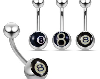 Eight Ball Logo Belly Ring- Belly Button Jewelry- Surgical Steel Navel Jewelry- Navel Barbell- Belly Button Rings- 14g Curved Barbell
