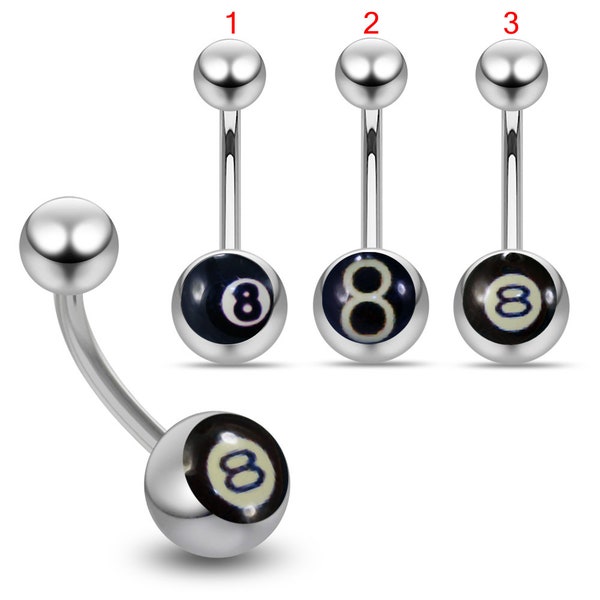 Eight Ball Logo Belly Ring- Belly Button Jewelry- Surgical Steel Navel Jewelry- Navel Barbell- Belly Button Rings- 14g Curved Barbell