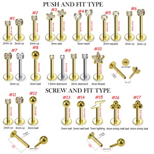 14K Solid Gold Labret -Price for 1 piece - CZ Cartilage Stud-Tragus Earring-Push and Screw Fit- 16 Gauge=1.2 mm Labret