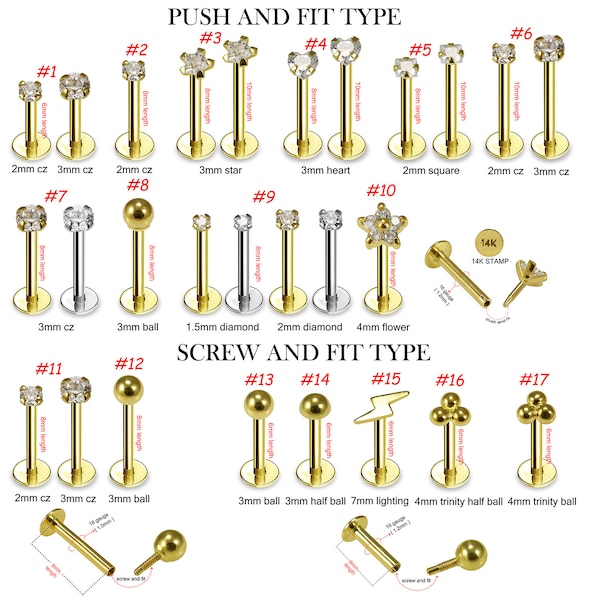 Labret en or massif 14 carats - Prix pour 1 pièce - CZ Cartilage Stud-Tragus Boucle d'oreille-Ajustement par pression et vis - Calibre 16 = labret de 1,2 mm