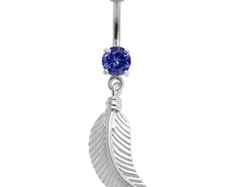 Crystal Belly Ring met Feather Charm- Dangle Belly Rings- Belly Button Rings- Staal & Sterling Zilver 14G Gebogen Barbell (meerdere kleuren)