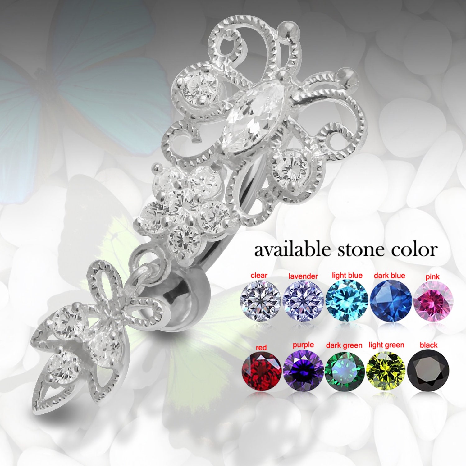 Long Dangle Rhinestone Butterfly Charm Gem BELLY Bar NAVEL Ring Crystal Jewelry