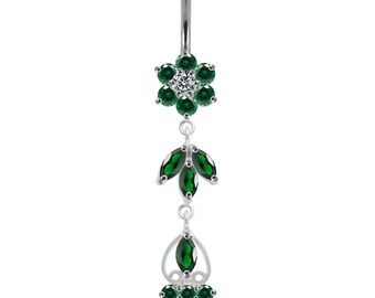 Flower Belly Ring With Dangling Gemstone Leaves- CZ Belly Button Rings- Navel Ring Dangle- 14G Navel Barbell (Multiple Colors Available)