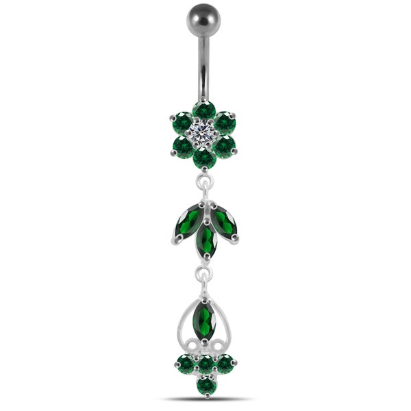 Flower Belly Ring With Dangling Gemstone Leaves- CZ Belly Button Rings- Navel Ring Dangle- 14G Navel Barbell (Multiple Colors Available)