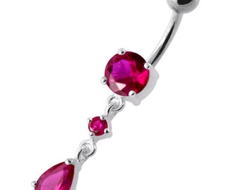 Colorful CZ Belly Button Rings- Dangle Belly Ring- Sterling Silver Belly Bar- 14G Navel Barbell (Multiple Colors Available)