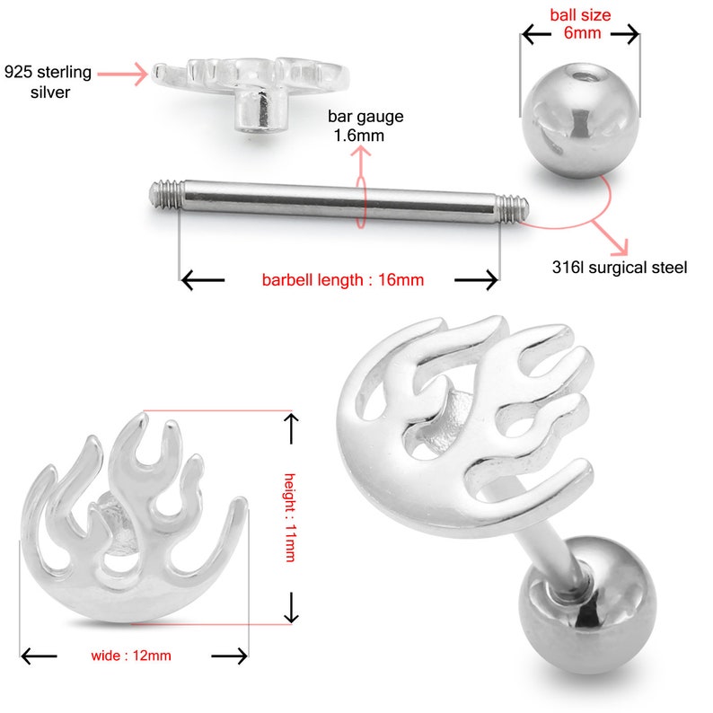 Sterling Silver Barbell Tongue Ring Tongue Piercing Ring Fire Tongue Bar 14G Barbell Available in Silver or Gold Plated
