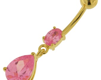 Anillo de vientre de doble cristal- Anillo de vientre colgante- Joyería de ombligo de acero y plata- Anillo de ombligo colgante- Anillos de ombligo- Barra curva 14G