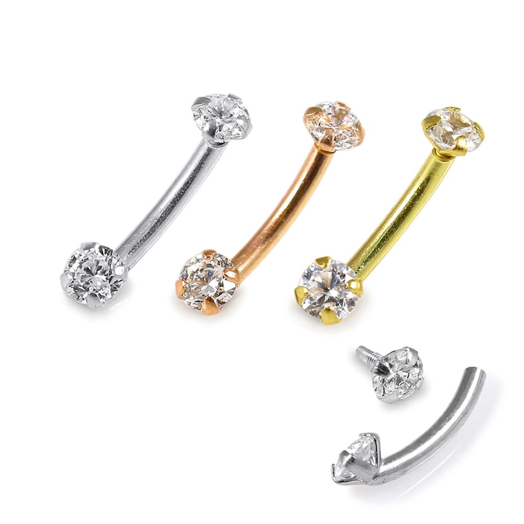 14K Solid Gold Eyebrow Ringinternally Threaded Round CZ Jeweled Eyebrow Barbell/ Eyebrow