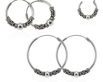 Beaded Bali Hoop Earrings- Oxidized Sterling Silver Earrings- Hinged Hoop Earrings (Multiple Sizes Available)-Sold As Pair