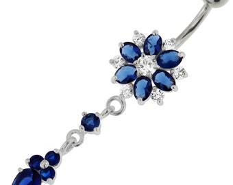 Flower Belly Ring With Dangling CZ Stones- CZ Belly Button Rings- Navel Ring Dangle- 14G Navel Barbell (Multiple Colors Available)