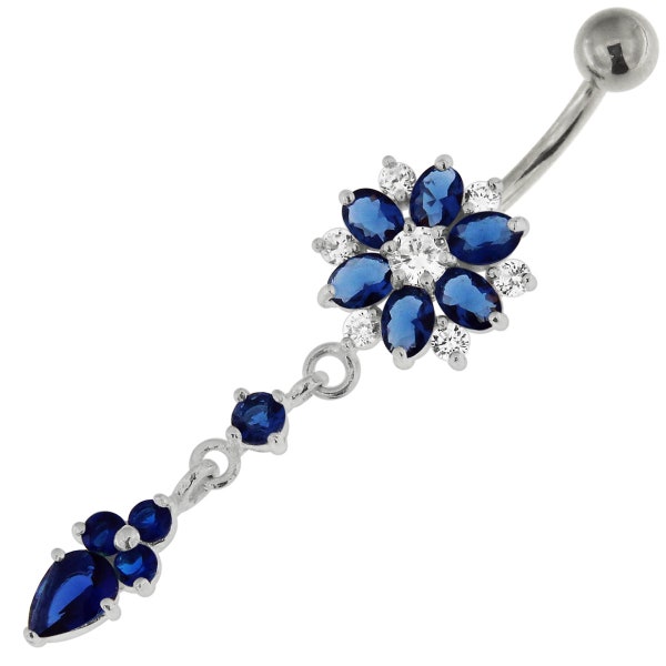 Flower Belly Ring With Dangling CZ Stones- CZ Belly Button Rings- Navel Ring Dangle- 14G Navel Barbell (Multiple Colors Available)