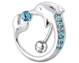 Jeweled Dolphin Belly Button Rings- Reverse Belly Ring- Silver Belly Ring- 14G Navel Barbell (Multiple Colors Available)