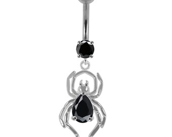 Spider Dangle Belly Ring- Crystal Belly Ring- Gothic Body Jewelry- Steel & Silver Navel Jewelry- Belly Button Rings- 14G Curved Barbell